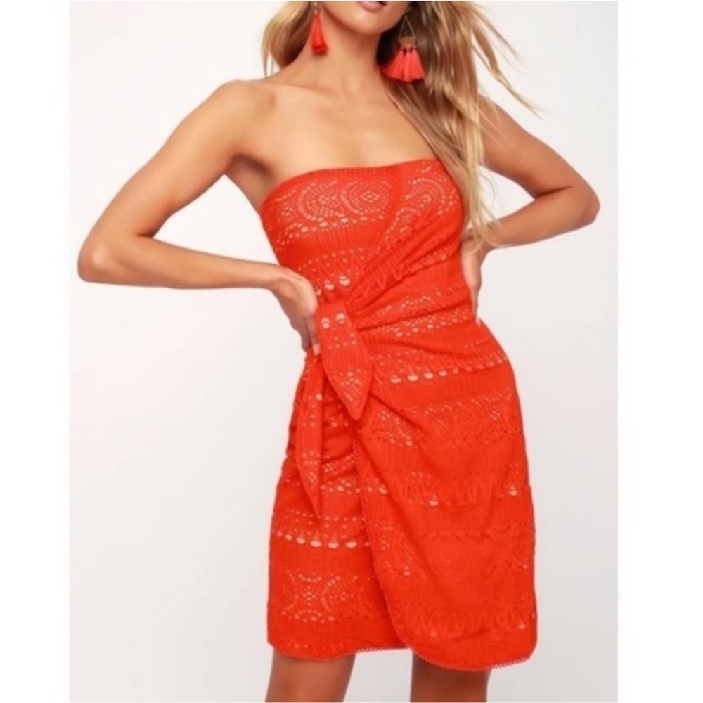 Free People, Oceanside orangy‎ red Crochet Strapless Minidress size large new!!!